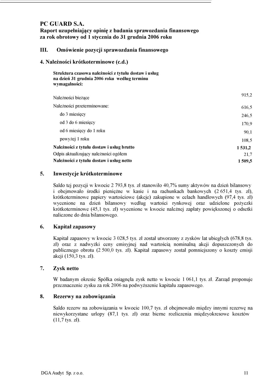 ) Struktura czasowa należności z tytułu dostaw i usług na dzień 31 grudnia 2006 według terminu wymagalności: Należności bieżące 915,2 Należności przeterminowane: 616,5 do 3 miesięcy 246,5 od 3 do 6