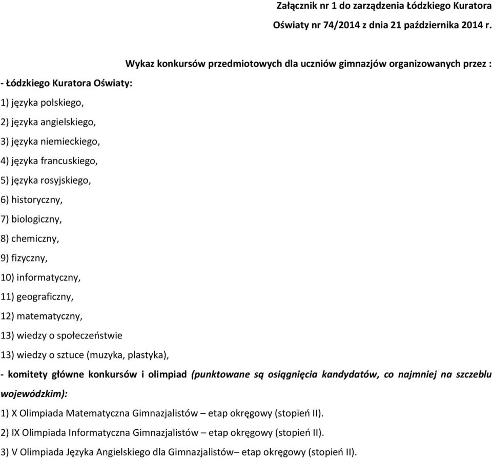 13) wiedzy o społeczeństwie 13) wiedzy o sztuce (muzyka, plastyka), - komitety główne konkursów i olimpiad (punktowane są osiągnięcia kandydatów, co najmniej na szczeblu wojewódzkim): 1) X Olimpiada