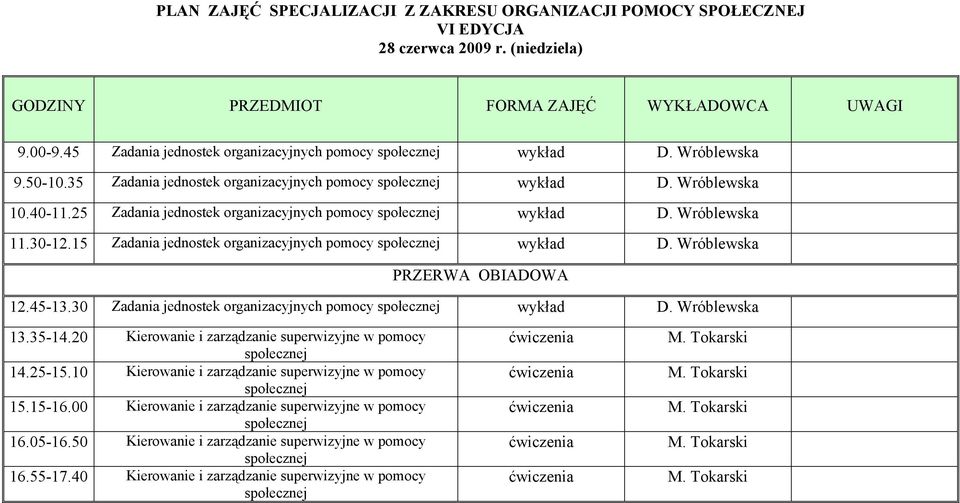 30 Zadania jednostek organizacyjnych pomocy wykład D. Wróblewska 13.35-14.20 Kierowanie i zarządzanie superwizyjne w pomocy 14.25-15.10 Kierowanie i zarządzanie superwizyjne w pomocy 15.15-16.