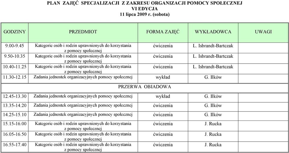 30 Zadania jednostek organizacyjnych pomocy wykład G. Ilków 13.35-14.20 Zadania jednostek organizacyjnych pomocy ćwiczenia G. Ilków 14.25-15.10 Zadania jednostek organizacyjnych pomocy ćwiczenia G.