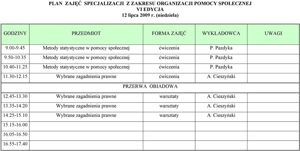 15 Wybrane zagadnienia prawne ćwiczenia A. Cieszyński 12.45-13.30 Wybrane zagadnienia prawne warsztaty A. Cieszyński 13.