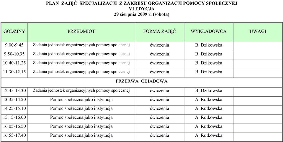 30 Zadania jednostek organizacyjnych pomocy ćwiczenia B. Dzikowska 13.35-14.20 Pomoc społeczna jako instytucja ćwiczenia A. Rutkowska 14.25-15.