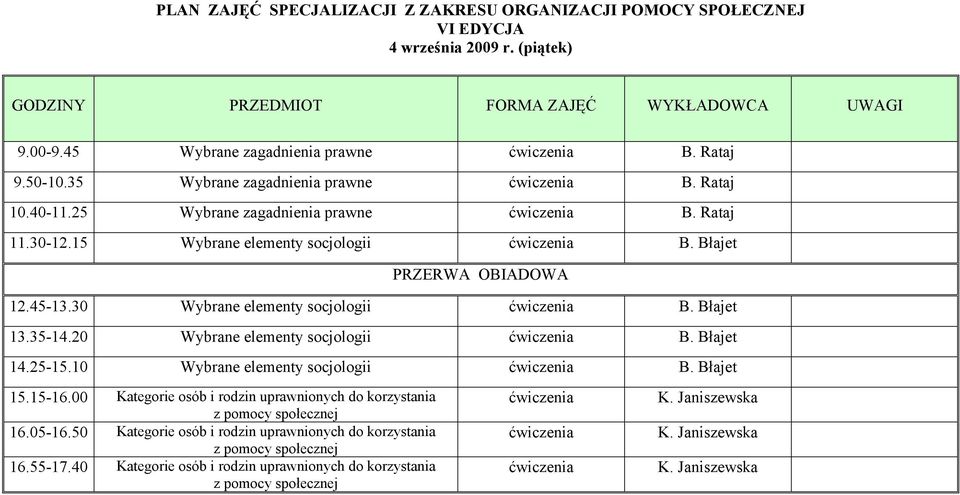 35-14.20 Wybrane elementy socjologii ćwiczenia B. Błajet 14.25-15.10 Wybrane elementy socjologii ćwiczenia B. Błajet 15.15-16.