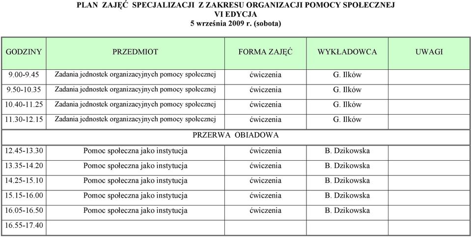 30 Pomoc społeczna jako instytucja ćwiczenia B. Dzikowska 13.35-14.20 Pomoc społeczna jako instytucja ćwiczenia B. Dzikowska 14.25-15.