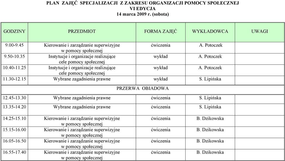 35-14.20 Wybrane zagadnienia prawne ćwiczenia S. Lipińska 14.25-15.10 Kierowanie i zarządzanie superwizyjne w pomocy 15.15-16.00 Kierowanie i zarządzanie superwizyjne w pomocy 16.05-16.