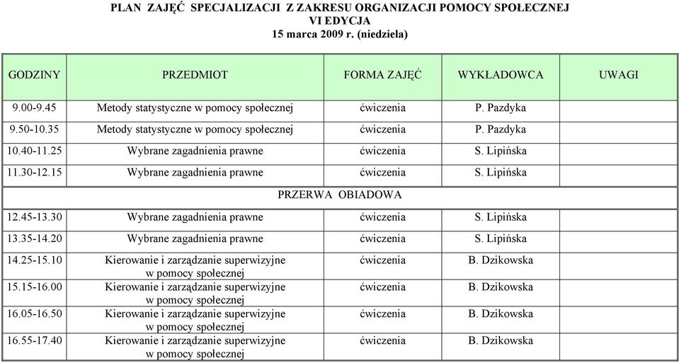 35-14.20 Wybrane zagadnienia prawne ćwiczenia S. Lipińska 14.25-15.10 Kierowanie i zarządzanie superwizyjne w pomocy 15.15-16.00 Kierowanie i zarządzanie superwizyjne w pomocy 16.