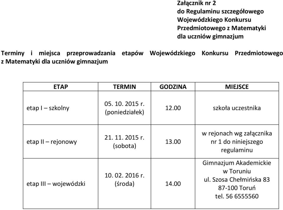 10. 2015 r. (poniedziałek) 12.00 szkoła uczestnika etap II rejonowy etap III wojewódzki 21. 11. 2015 r. (sobota) 13.00 10. 02. 2016 r.