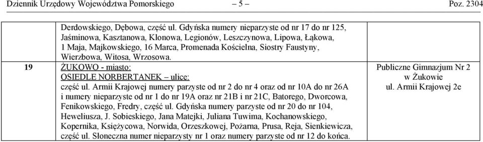 Witosa, Wrzosowa. 19 ŻUKOWO - miasto: OSIEDLE NORBERTANEK ulice: część ul.