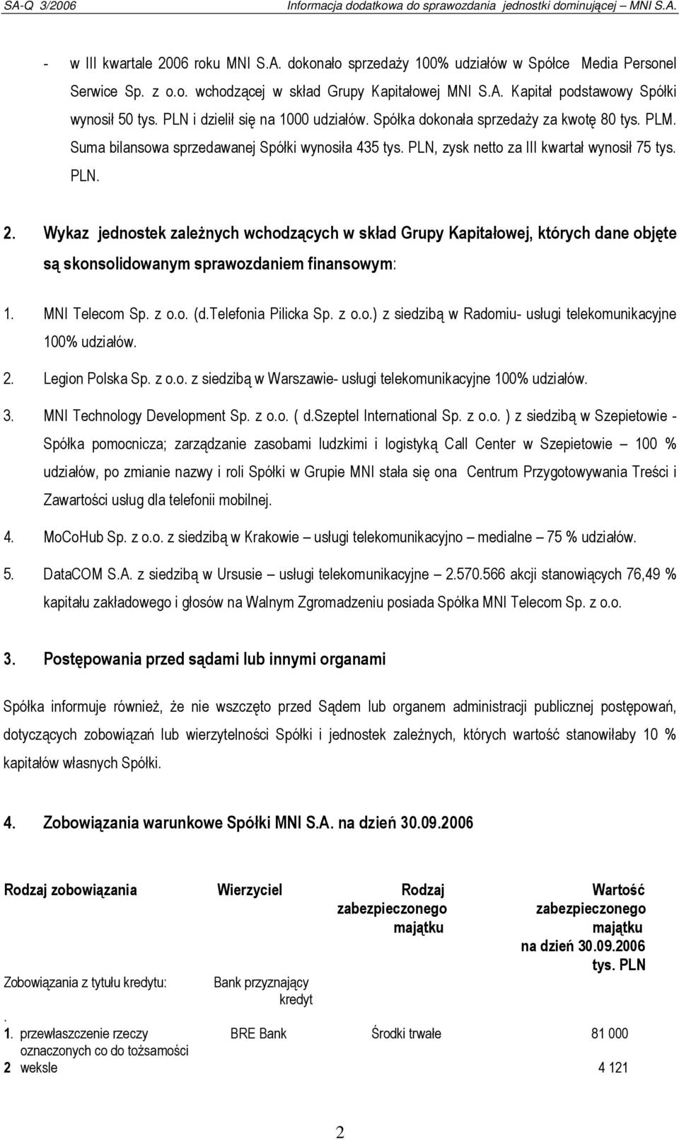 Wykaz jednostek zależnych wchodzących w skład Grupy Kapitałowej, których dane objęte są skonsolidowanym sprawozdaniem finansowym: 1. MNI Telecom Sp. z o.o. (d.telefonia Pilicka Sp. z o.o.) z siedzibą w Radomiu- usługi telekomunikacyjne 100% udziałów.