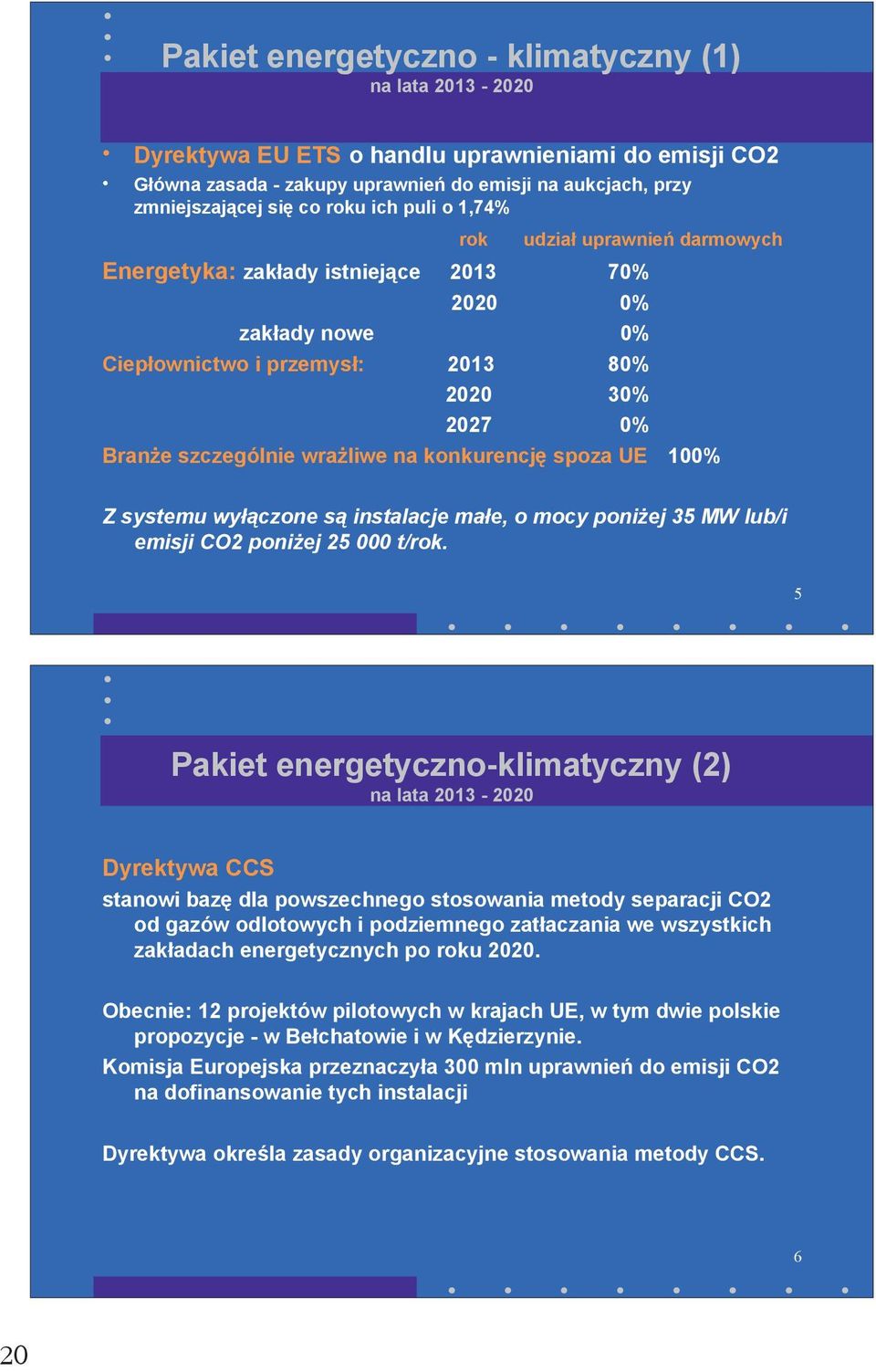konkurencję spoza UE 100% Z systemu wyłączone są instalacje małe, o mocy poniżej 35 MW lub/i emisji CO2 poniżej 25 000 t/rok.