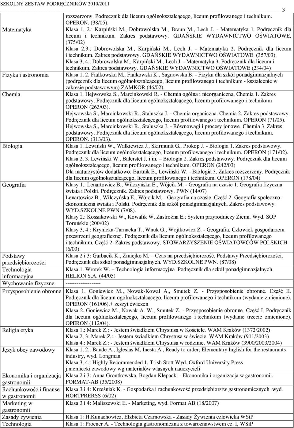 Zakres podstawowy. GDAŃSKIE WYDAWNICTWO OŚWIATOWE. (357/03). Klasa 3, 4.: Dobrowolska M., Karpiński M., Lech J. - Matematyka 3. Podręcznik dla liceum i technikum. Zakres podstawowy.