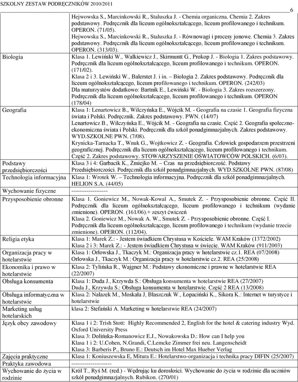 Klasa 2 i 3. Lewiński W., Balerstet J. i in. Biologia 2. Zakres podstawowy. Podręcznik dla liceum ogólnokształcącego, liceum profilowanego i technikum. OPERON.