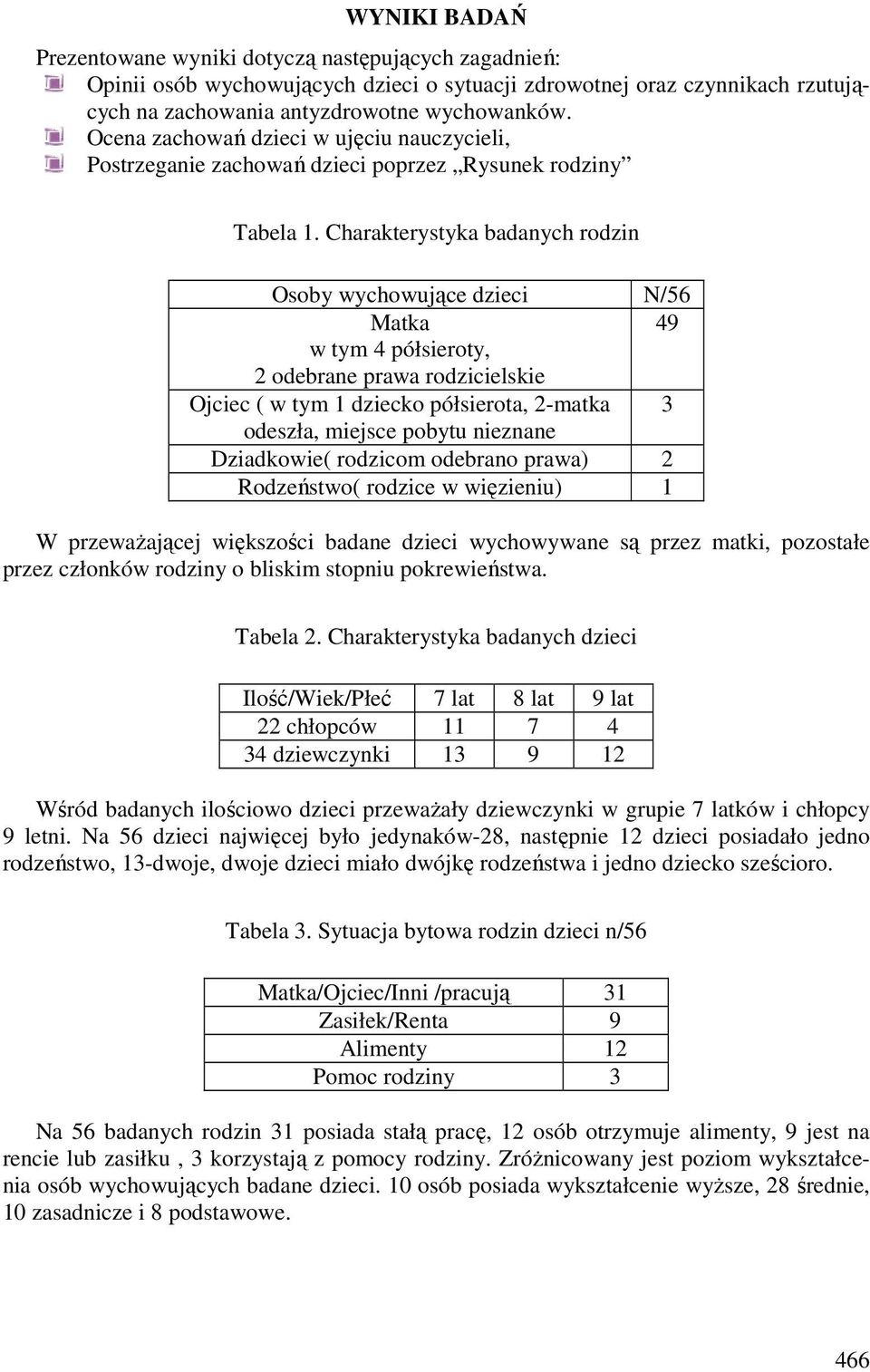 Charakterystyka badanych rodzin Osoby wychowujące dzieci N/56 Matka 49 w tym 4 półsieroty, 2 odebrane prawa rodzicielskie Ojciec ( w tym 1 dziecko półsierota, 2-matka 3 odeszła, miejsce pobytu