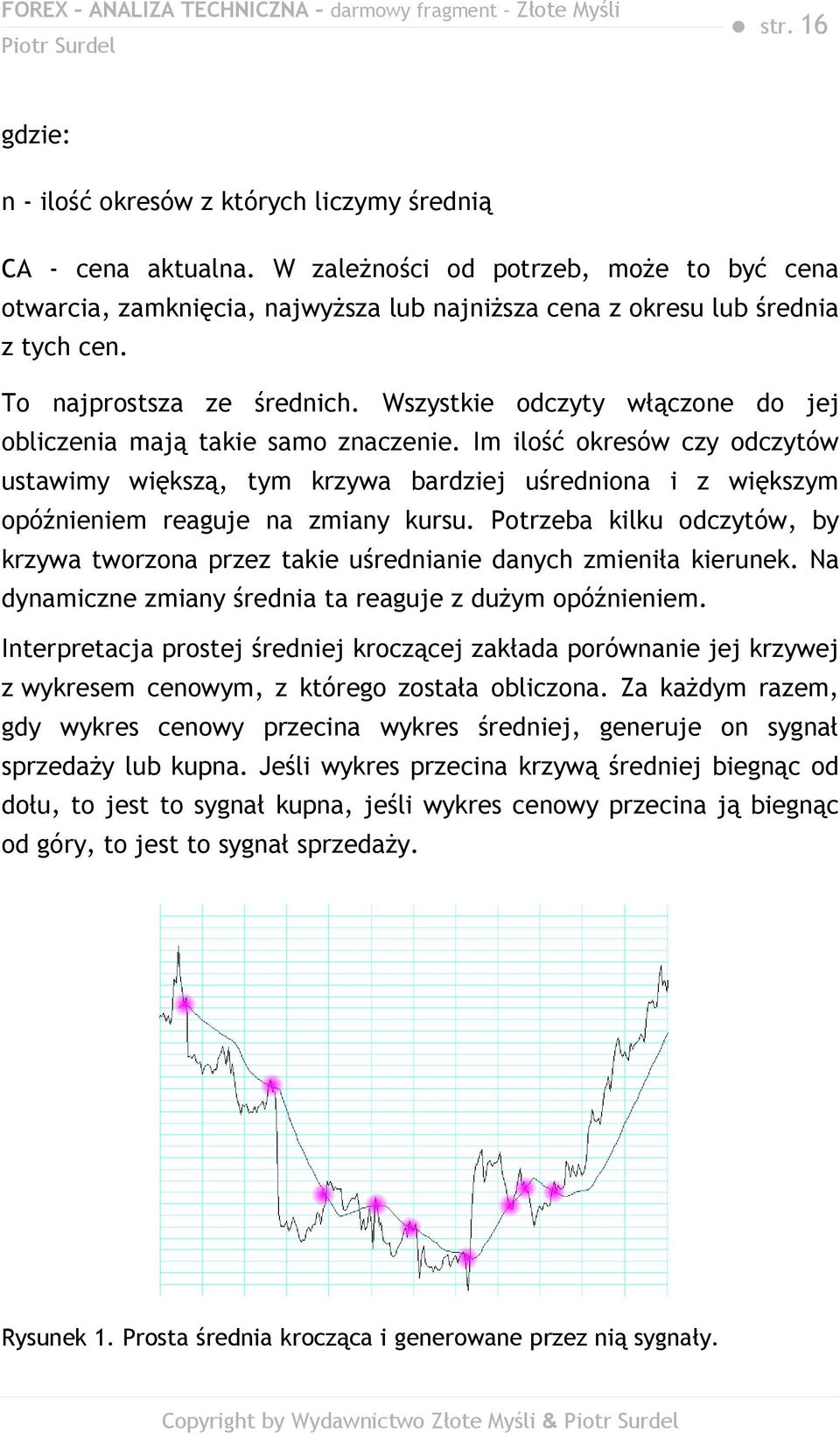 Wszystkie odczyty włączone do jej obliczenia mają takie samo znaczenie. Im ilość okresów czy odczytów ustawimy większą, tym krzywa bardziej uśredniona i z większym opóźnieniem reaguje na zmiany kursu.