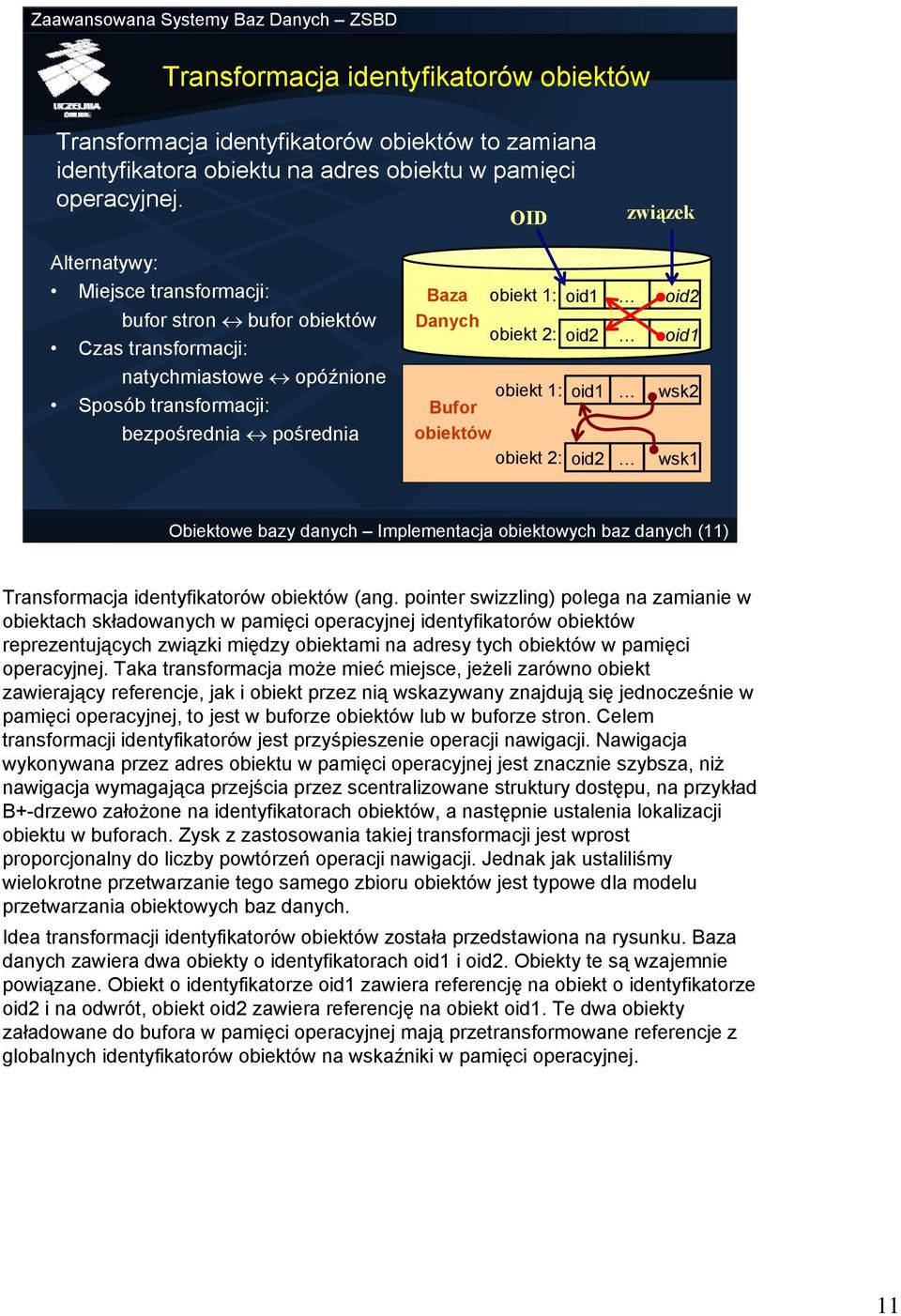 obiekt 2: oid2 oid1 Bufor obiekt 1: oid1 wsk2 obiektów obiekt 2: oid2 wsk1 Obiektowe bazy danych Implementacja obiektowych baz danych (11) Transformacja identyfikatorów obiektów (ang.