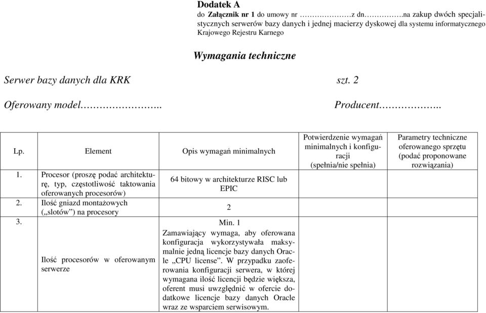 2 Oferowany model.. Producent.. Lp. Element Opis wymagań minimalnych 1. Procesor (proszę podać architekturę, typ, częstotliwość taktowania oferowanych procesorów) 2.