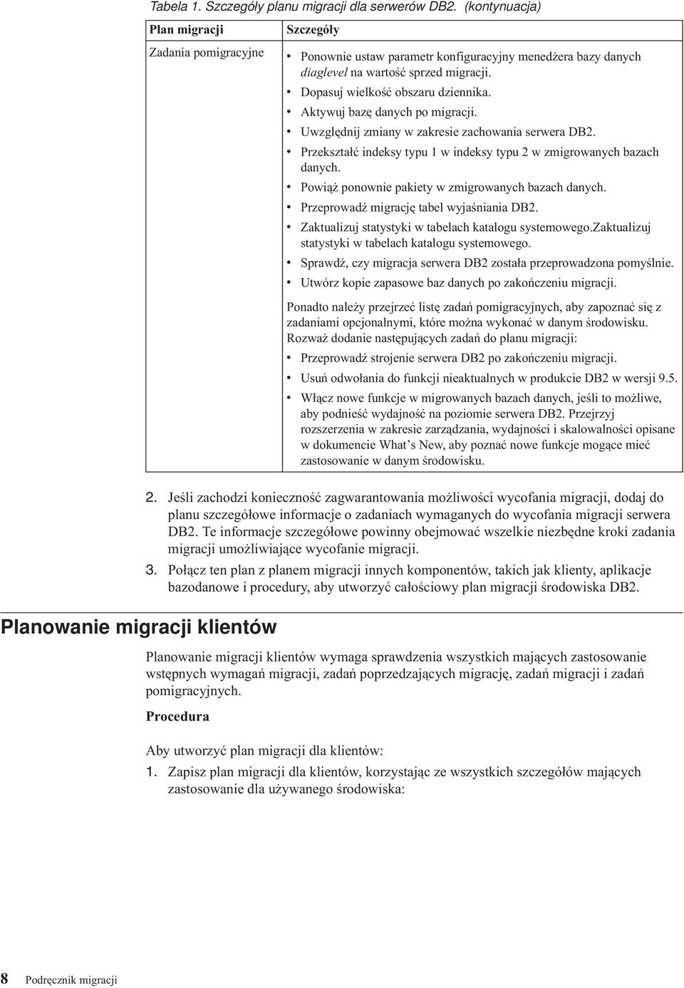 v Aktywuj bazę danych po migracji. v Uwzględnij zmiany w zakresie zachowania serwera DB2. v Przekształć indeksy typu 1 w indeksy typu 2 w zmigrowanych bazach danych.