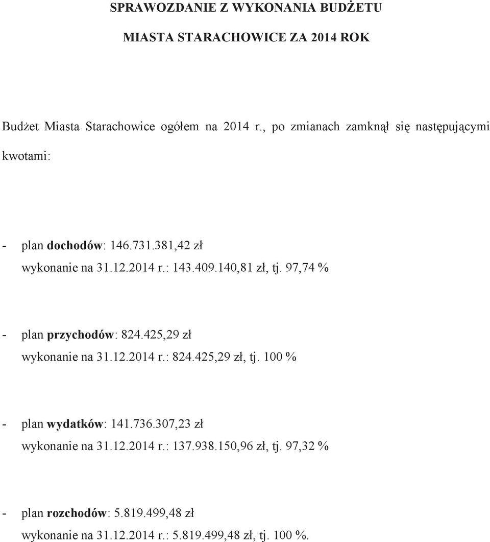 97,74 % - plan przychodów: 824.425,29 z wykonanie na 31.12.2014 r.: 824.425,29 z, tj. 100 % - plan wydatków: 141.736.