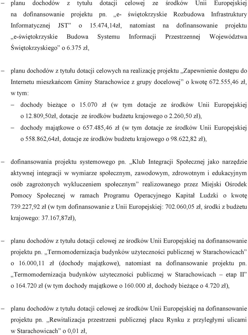 375 z, planu dochodów z tytuu dotacji celowych na realizacj projektu Zapewnienie dostpu do Internetu mieszkacom Gminy Starachowice z grupy docelowej o kwot 672.555,46 z, w tym: dochody biece o 15.
