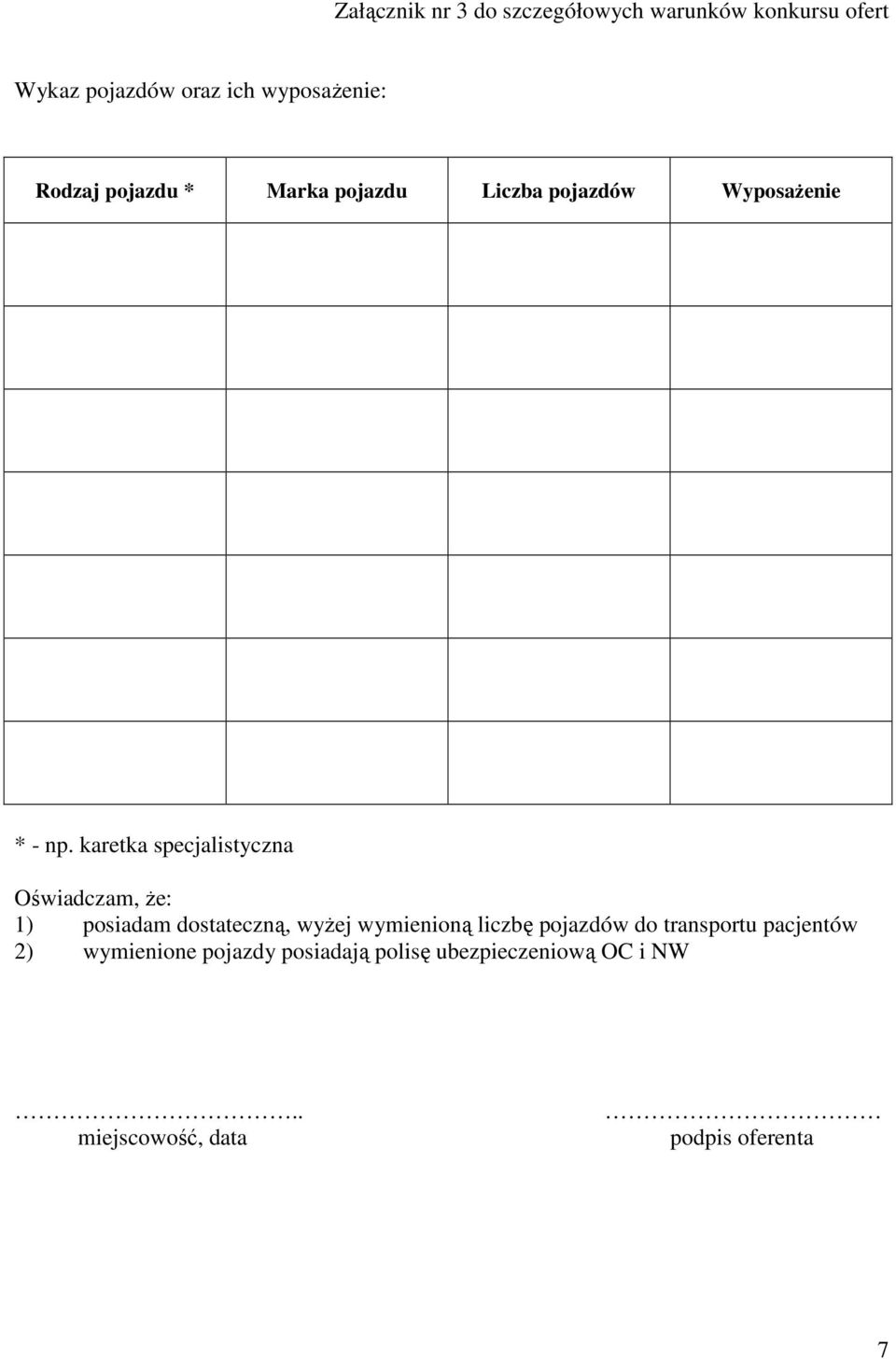 karetka specjalistyczna Oświadczam, Ŝe: 1) posiadam dostateczną, wyŝej wymienioną liczbę