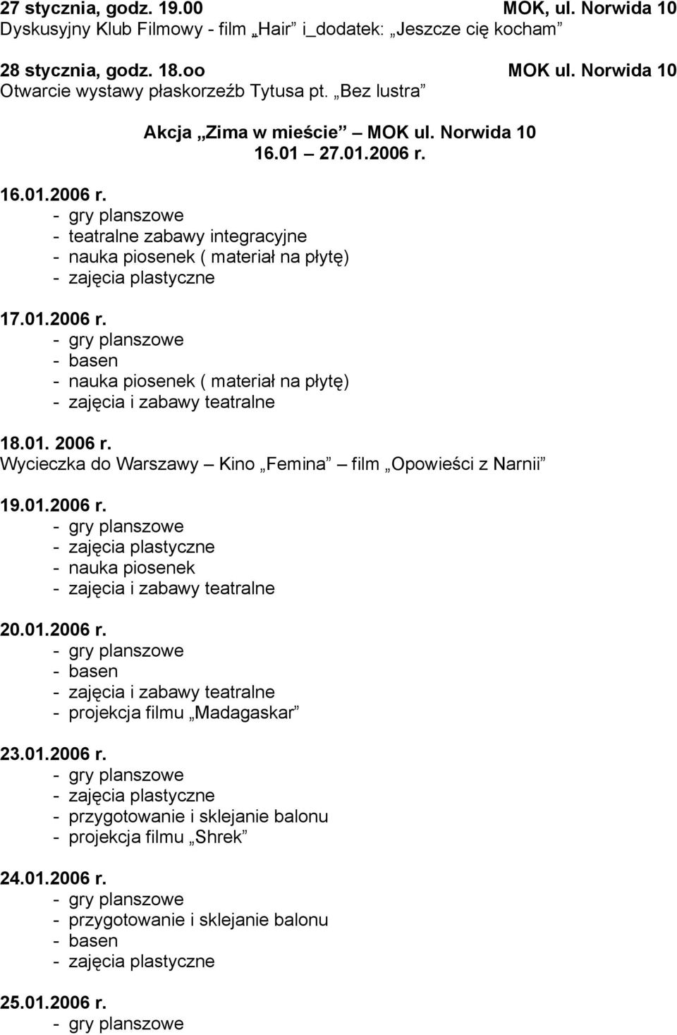 16.01.2006 r. - teatralne zabawy integracyjne - nauka piosenek ( materiał na płytę) 17.01.2006 r. - nauka piosenek ( materiał na płytę) 18.01. 2006 r.