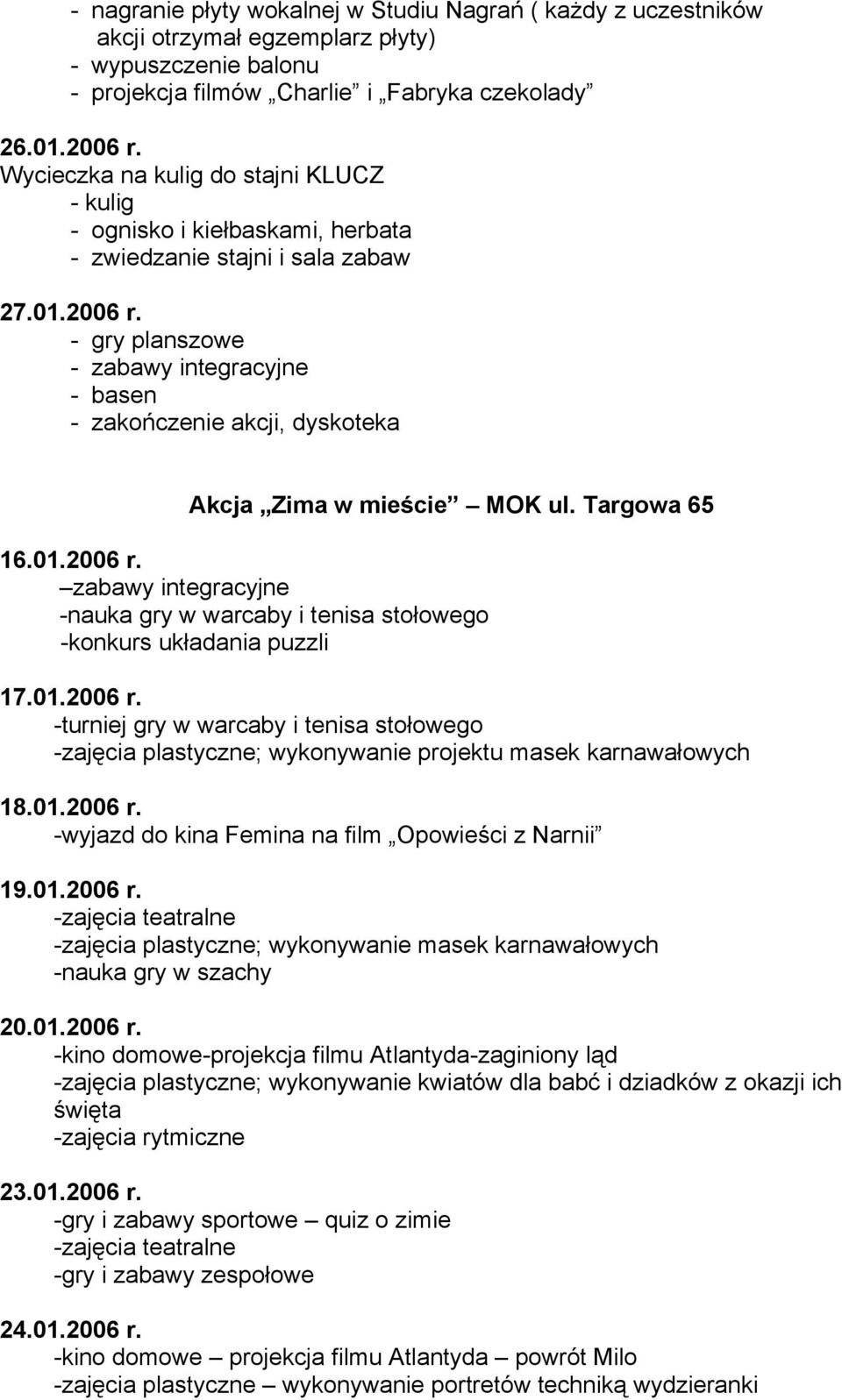 - zabawy integracyjne - zakończenie akcji, dyskoteka Akcja Zima w mieście MOK ul. Targowa 65 16.01.2006 r.