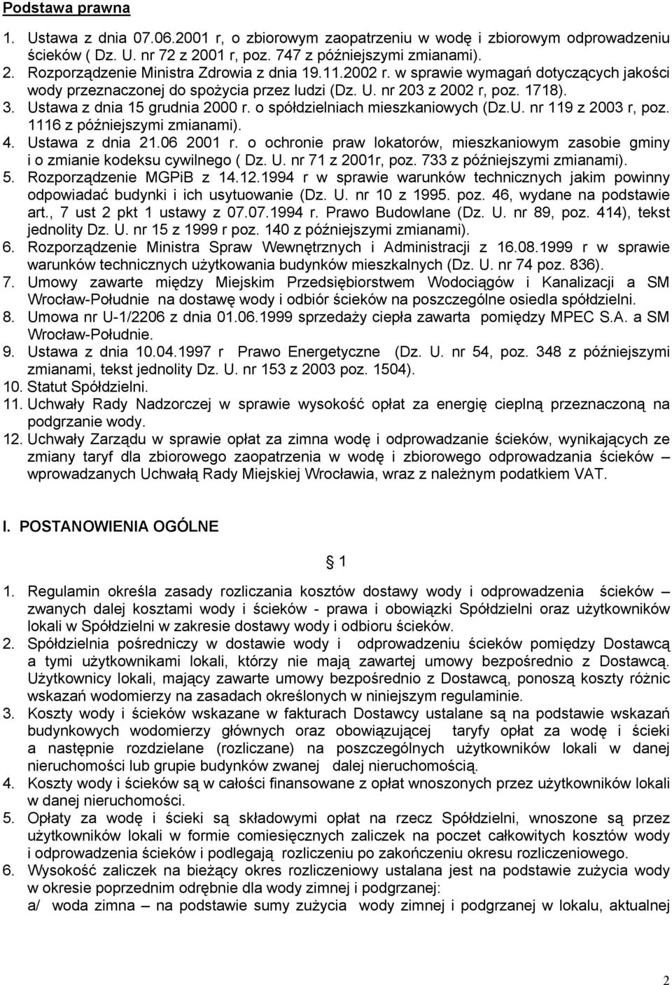 o spółdzielniach mieszkaniowych (Dz.U. nr 119 z 2003 r, poz. 1116 z późniejszymi zmianami). 4. Ustawa z dnia 21.06 2001 r.