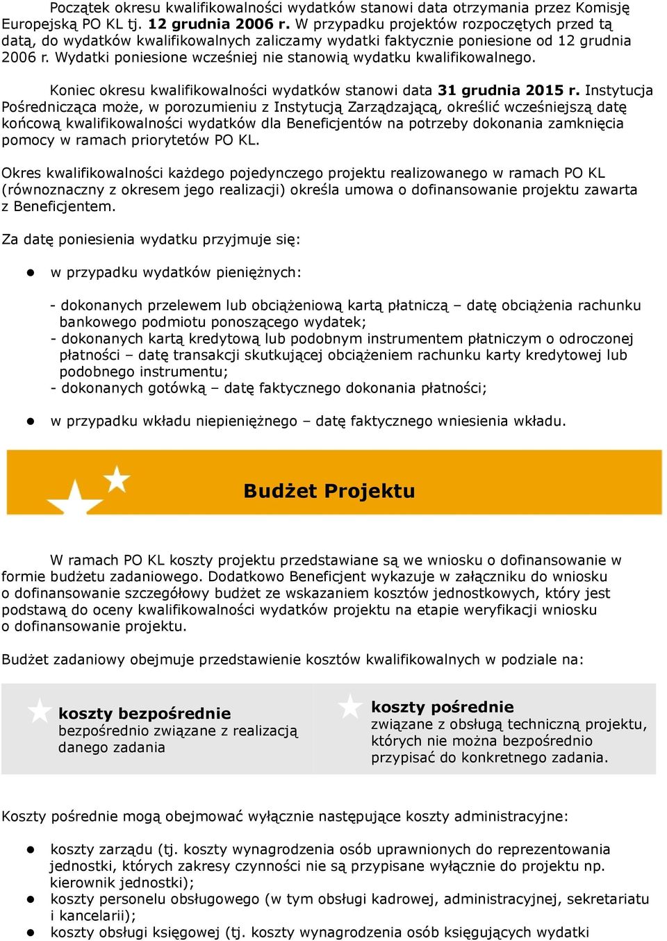 Wydatki poniesione wcześniej nie stanowią wydatku kwalifikowalnego. Koniec okresu kwalifikowalności wydatków stanowi data 31 grudnia 2015 r.