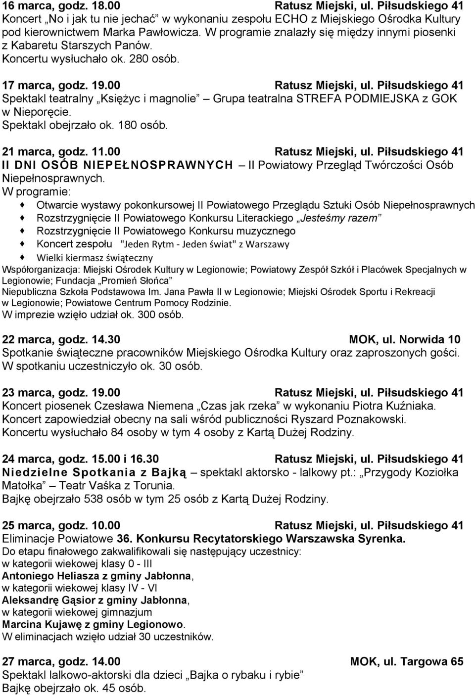 Piłsudskiego 41 Spektakl teatralny Księżyc i magnolie Grupa teatralna STREFA PODMIEJSKA z GOK w Nieporęcie. Spektakl obejrzało ok. 180 osób. 21 marca, godz. 11.00 Ratusz Miejski, ul.