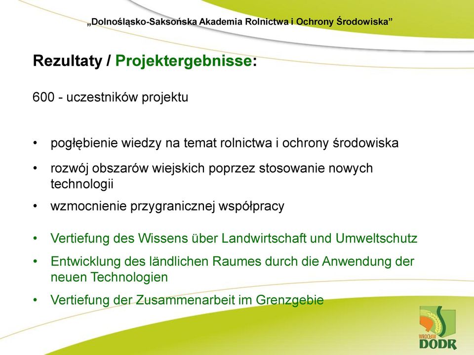 przygranicznej współpracy Vertiefung des Wissens über Landwirtschaft und Umweltschutz Entwicklung