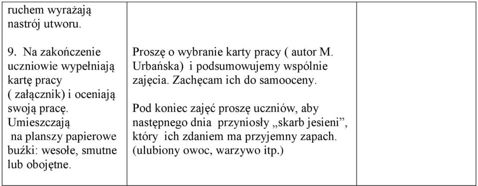 Umieszczają na planszy papierowe buźki: wesołe, smutne lub obojętne. Proszę o wybranie karty pracy ( autor M.