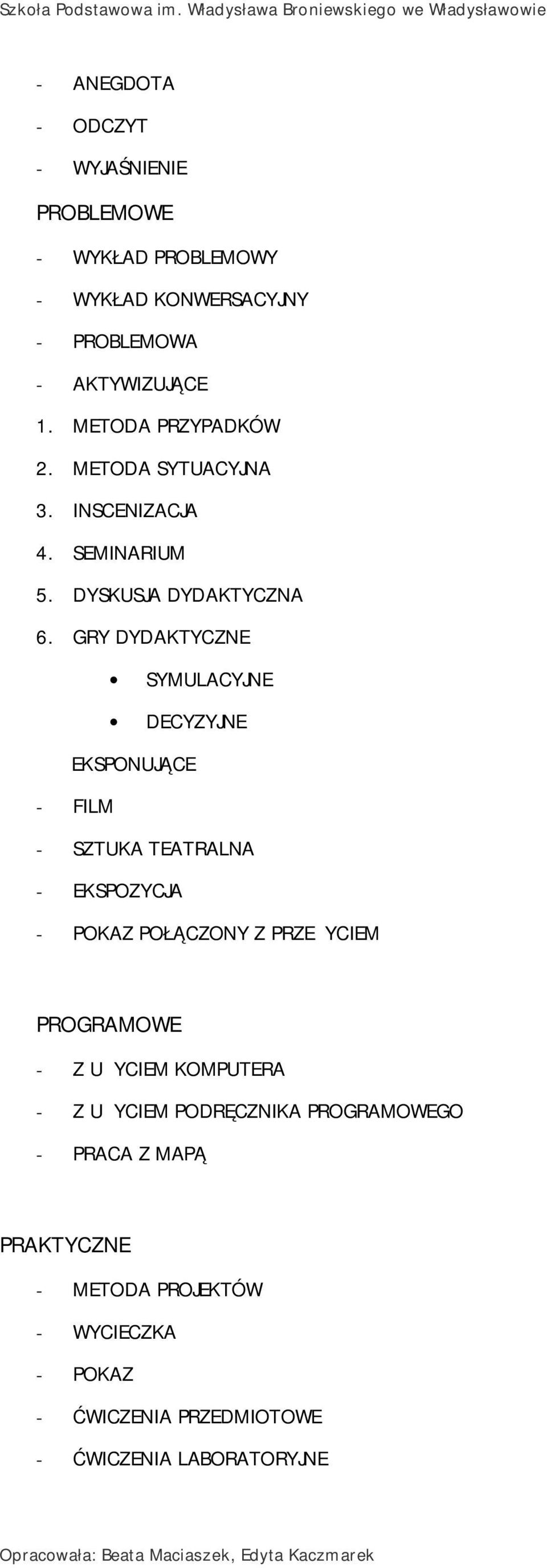 1. METODA PRZYPADKÓW 2. METODA SYTUACYJNA 3. INSCENIZACJA 4. SEMINARIUM 5. DYSKUSJA DYDAKTYCZNA 6.