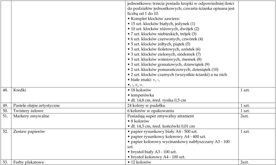 klocków fioletowych, szóstek (6) 3 szt. klocków zielonych, siódemek (7) 3 szt. klocków wiśniowych, ósemek (8) 3 szt.