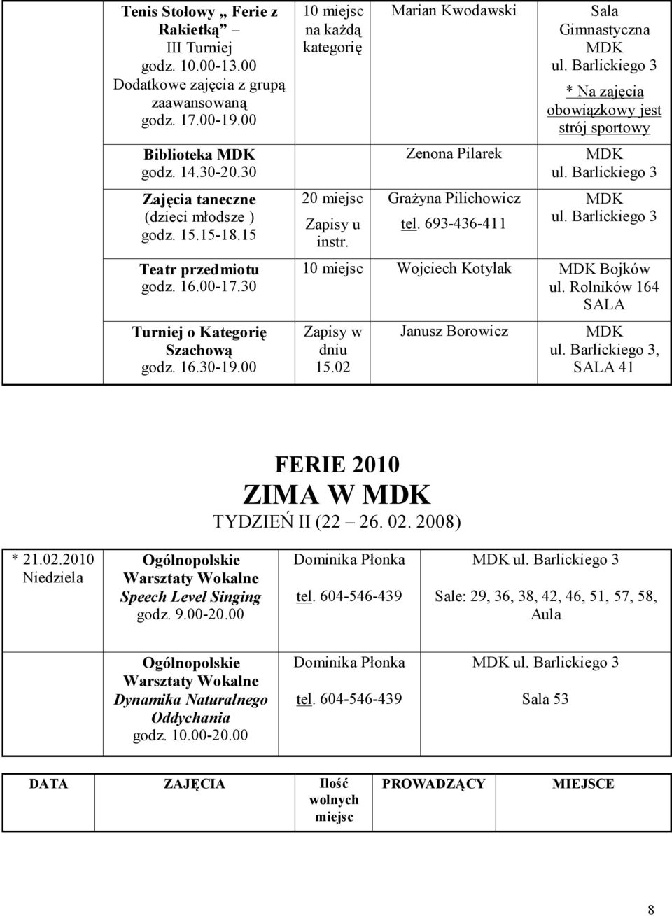 693-436-411 Sala Gimnastyczna obowiązkowy jest strój sportowy 10 miejsc Wojciech Kotylak Bojków ul. Rolników 164 SALA Zapisy w dniu 15.02 Janusz Borowicz, SALA 41 FERIE 2010 ZIMA W TYDZIEŃ II (22 26.