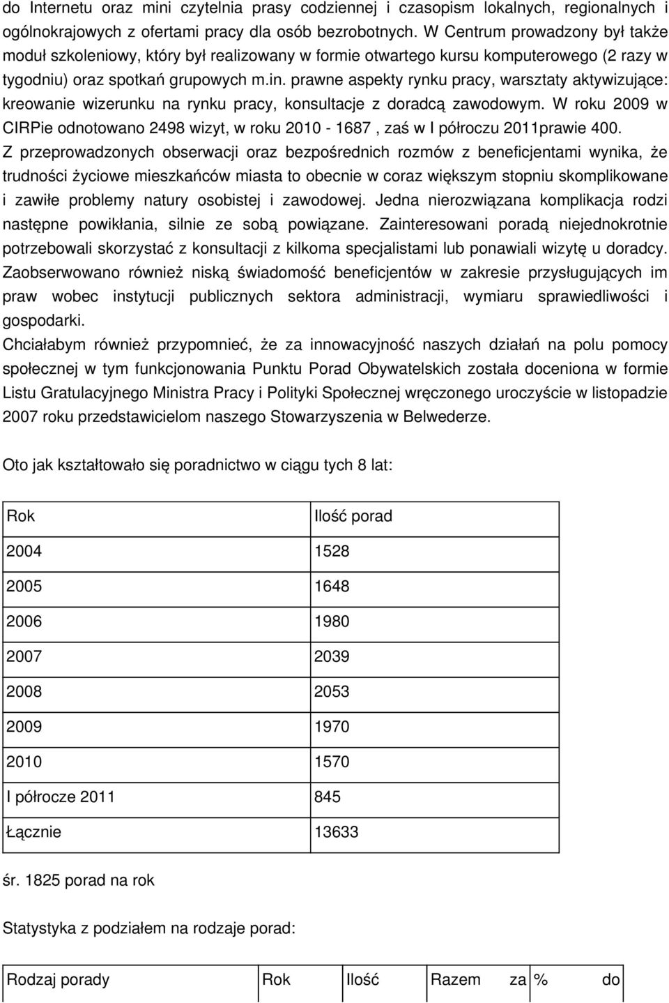 prawne aspekty rynku pracy, warsztaty aktywizujące: kreowanie wizerunku na rynku pracy, konsultacje z doradcą zawodowym.