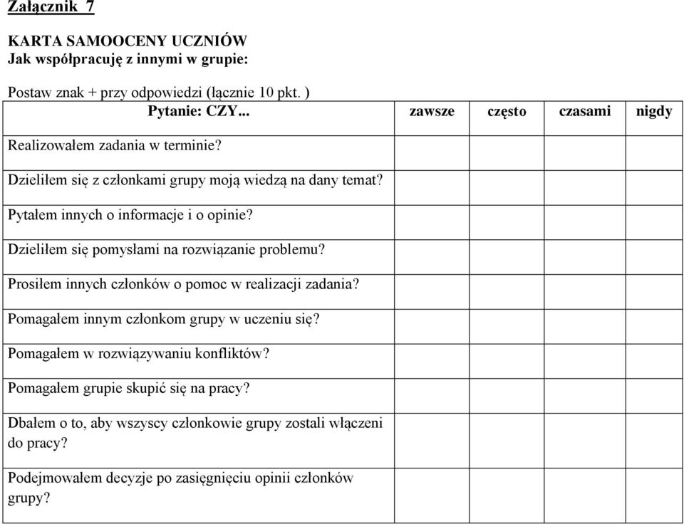 Dzieliłem się pomysłami na rozwiązanie problemu? Prosiłem innych członków o pomoc w realizacji zadania? Pomagałem innym członkom grupy w uczeniu się?