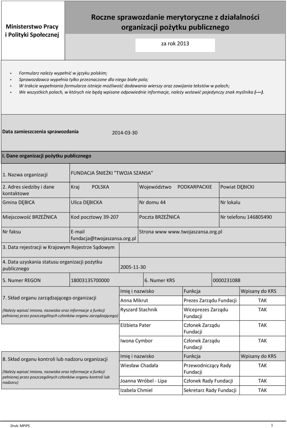 odpowiednie informacje, należy wstawić pojedynczy znak myślnika ( ). Data zamieszczenia sprawozdania 2014-03-30 I. Dane organizacji pożytku publicznego 1. Nazwa organizacji 2.