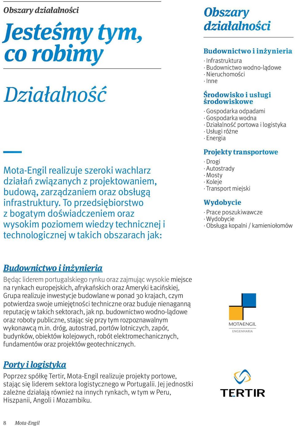 Budownictwo wodno-lądowe Nieruchomości Inne Środowisko i usługi środowiskowe Gospodarka odpadami Gospodarka wodna Działalność portowa i logistyka Usługi różne Energia Projekty transportowe Drogi
