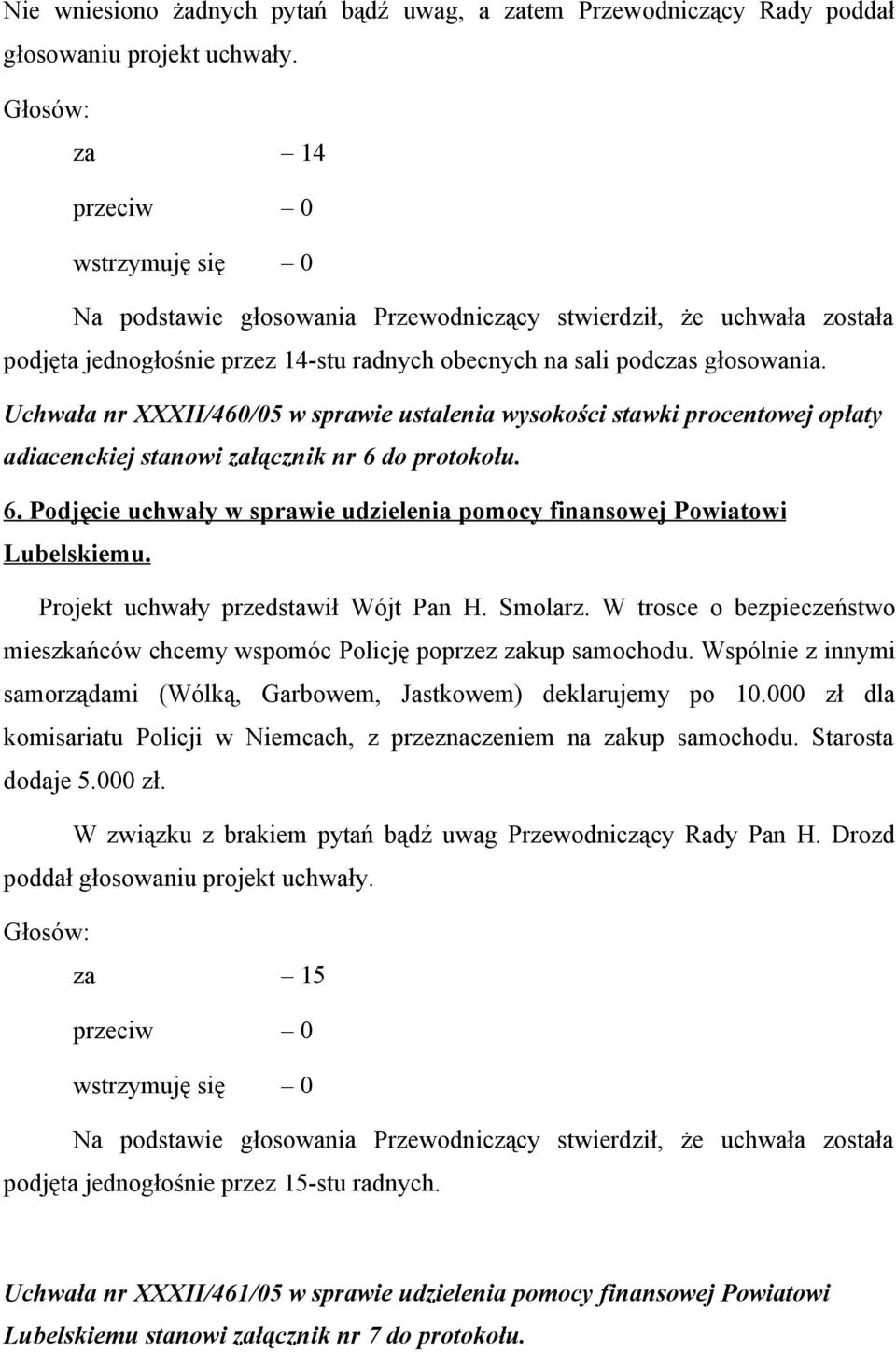 Uchwała nr XXXII/460/05 w sprawie ustalenia wysokości stawki procentowej opłaty adiacenckiej stanowi załącznik nr 6 do protokołu. 6. Podjęcie uchwały w sprawie udzielenia pomocy finansowej Powiatowi Lubelskiemu.