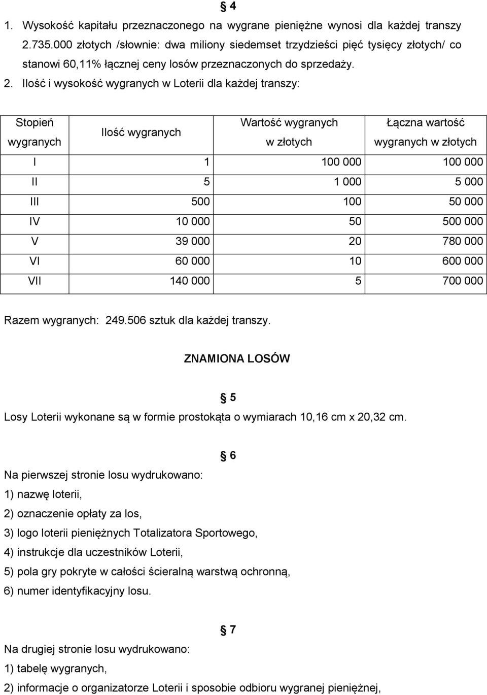 Ilość i wysokość wygranych w Loterii dla każdej transzy: Stopień Wartość wygranych Łączna wartość Ilość wygranych wygranych w złotych wygranych w złotych I 1 100 000 100 000 II 5 1 000 5 000 III 500