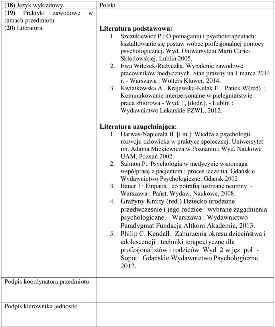 Wypalenie zawodowe pracowników medycznych. Stan prawny na 1 marca 201 r. - Warszawa : Wolters Kluwer, 201. 3. Kwiatkowska A., Krajewska-Kułak E., Panek W(red).