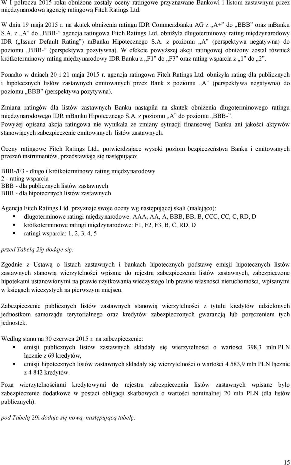 obniżyła długoterminowy rating międzynarodowy IDR ( Issuer Default Rating ) mbanku Hipotecznego S.A. z poziomu A (perspektywa negatywna) do poziomu BBB- (perspektywa pozytywna).