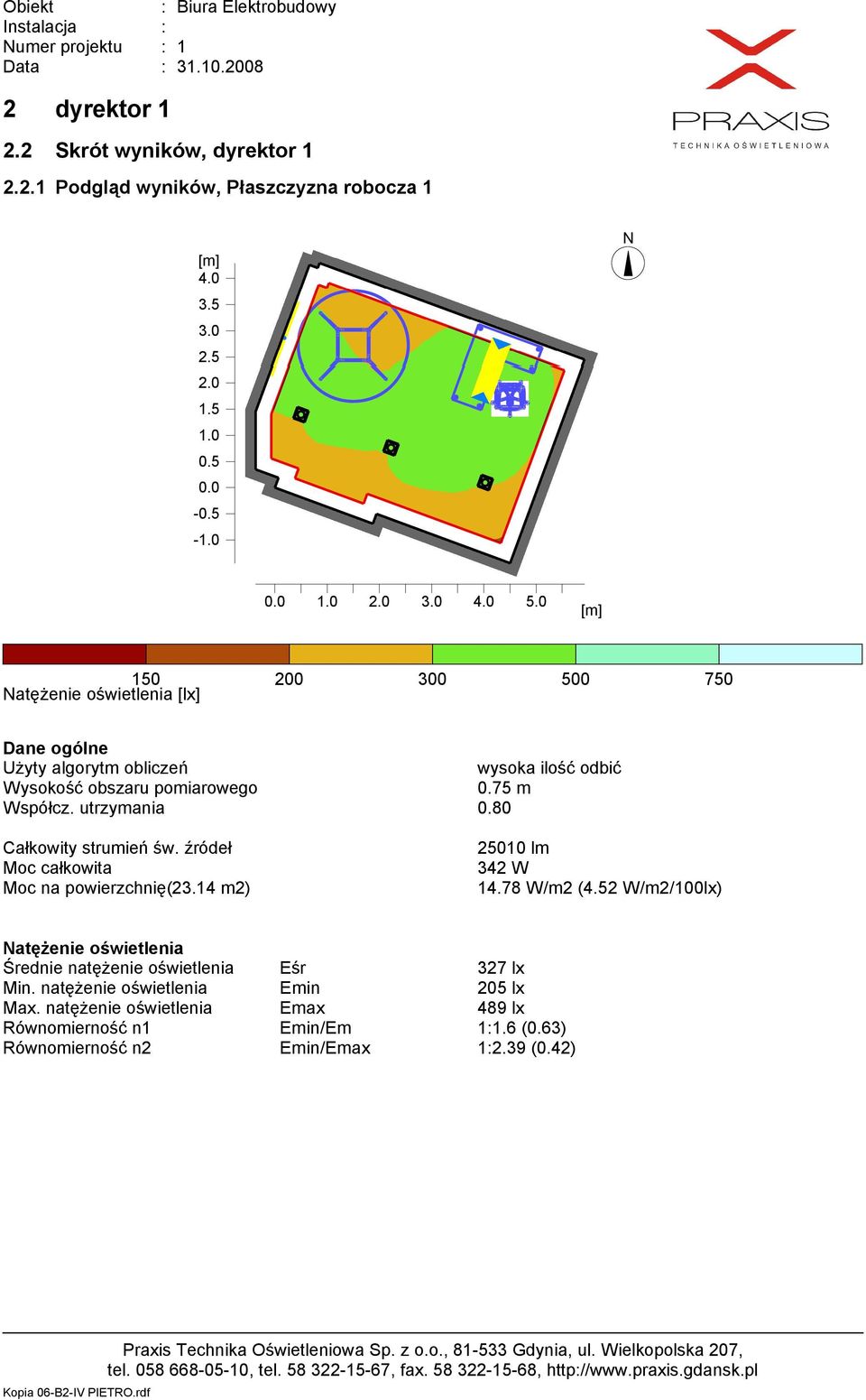 80 Całkowity strumień św. źródeł Moc całkowita Moc na powierzchnię(23.14 m2) 25010 lm 342 W 14.78 W/m2 (4.