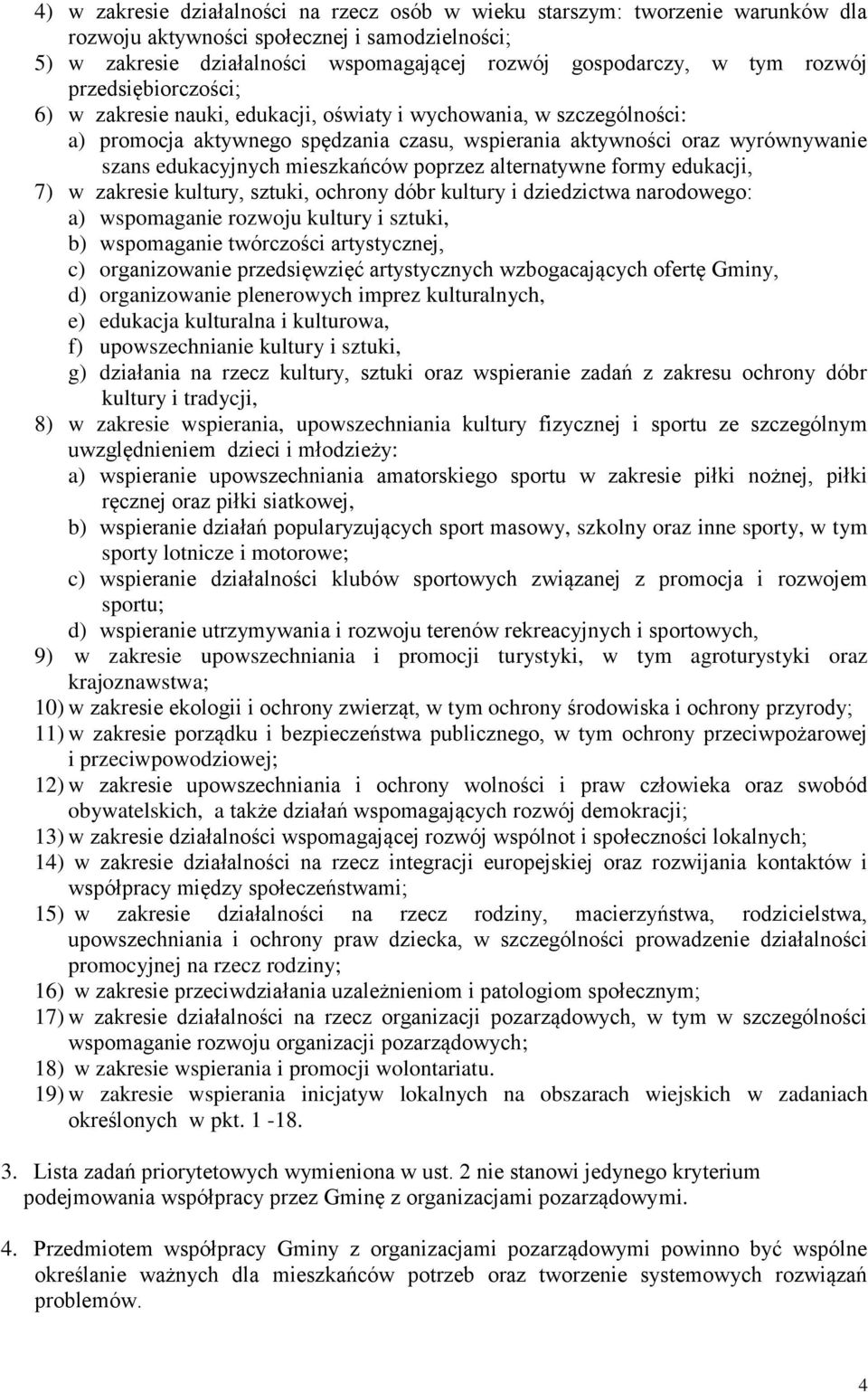 mieszkańców poprzez alternatywne formy edukacji, 7) w zakresie kultury, sztuki, ochrony dóbr kultury i dziedzictwa narodowego: a) wspomaganie rozwoju kultury i sztuki, b) wspomaganie twórczości