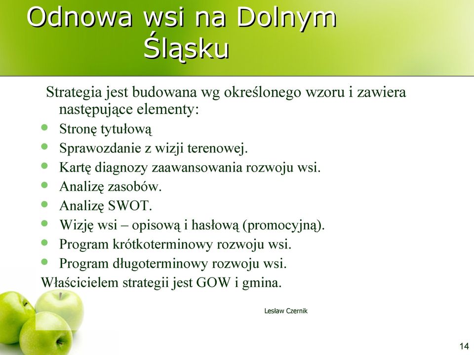 Analizę zasobów. Analizę SWOT. Wizję wsi opisową i hasłową (promocyjną).