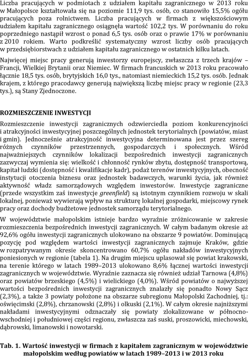 osób oraz o prawie 17% w porównaniu z 2010 rokiem. Warto podkreślić systematyczny wzrost liczby osób pracujących w przedsiębiorstwach z udziałem kapitału zagranicznego w ostatnich kilku latach.
