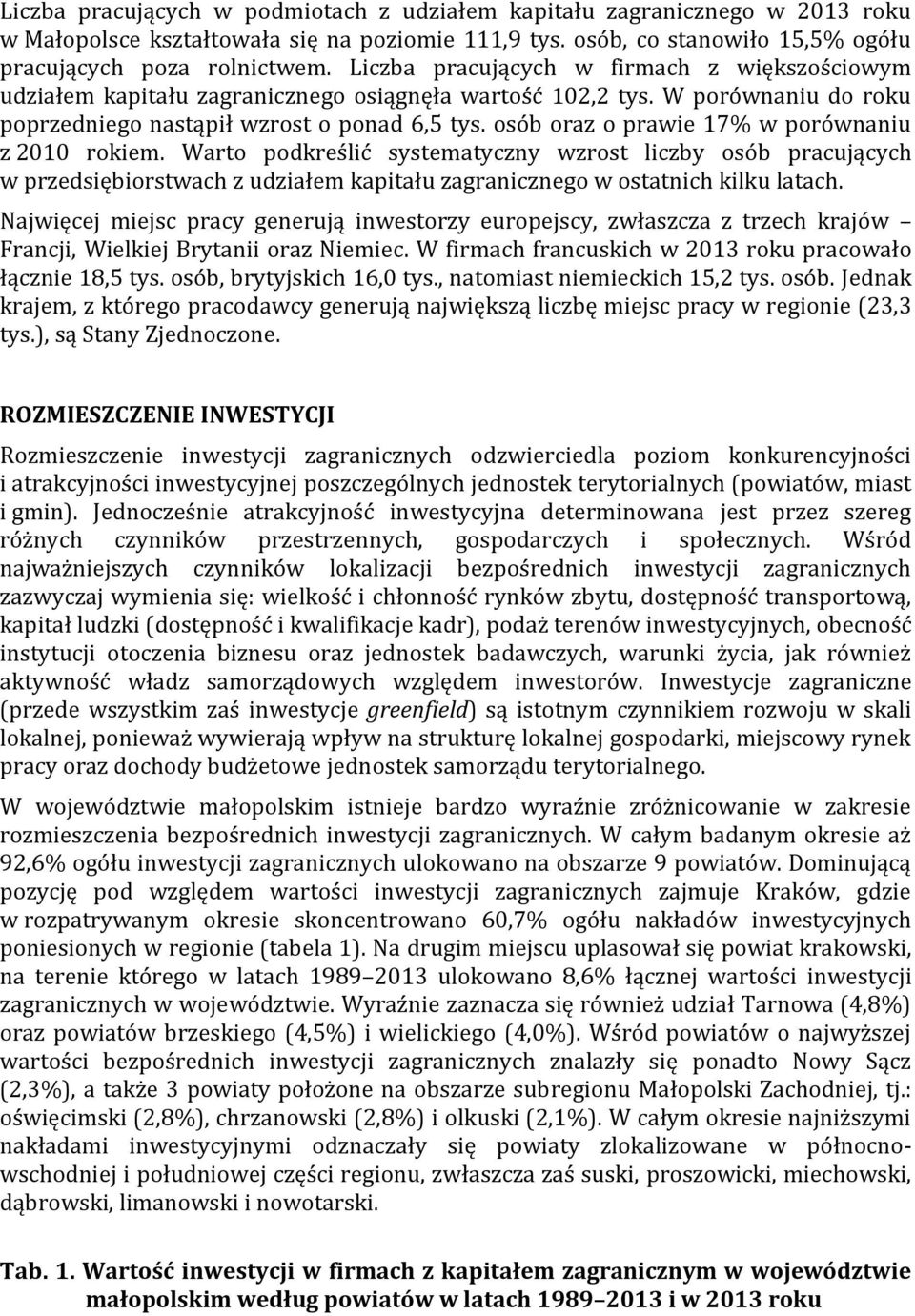 osób oraz o prawie 17% w porównaniu z 2010 rokiem. Warto podkreślić systematyczny wzrost liczby osób pracujących w przedsiębiorstwach z udziałem kapitału zagranicznego w ostatnich kilku latach.