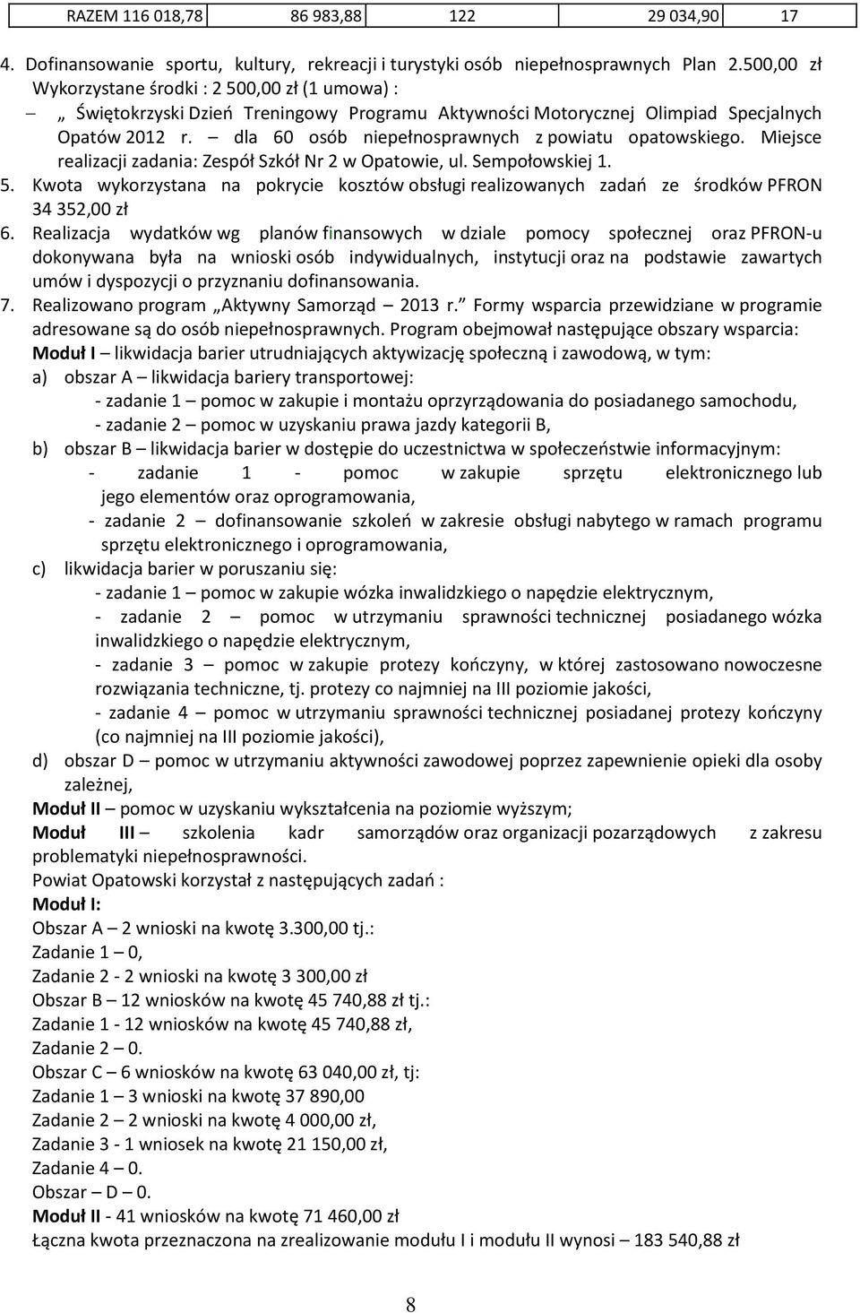 dla 60 osób niepełnosprawnych z powiatu opatowskiego. Miejsce realizacji zadania: Zespół Szkół Nr 2 w Opatowie, ul. Sempołowskiej 1. 5.
