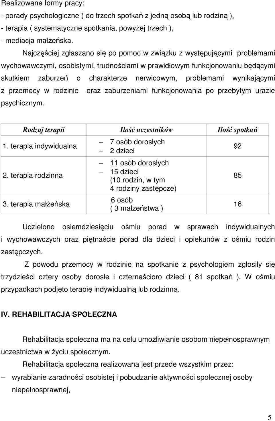 problemami wynikającymi z przemocy w rodzinie oraz zaburzeniami funkcjonowania po przebytym urazie psychicznym. Rodzaj terapii Ilość uczestników Ilość spotkań. terapia indywidualna 2.