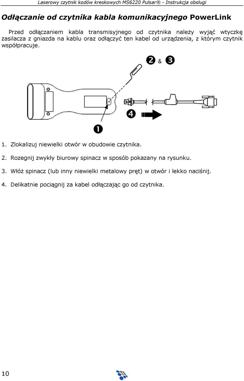 Zlokalizuj niewielki otwór w obudowie czytnika. 2. Rozegnij zwykły biurowy spinacz w sposób pokazany na rysunku. 3.